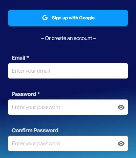 Registratieformulier bij SkyHills Nederland met velden voor e-mail, wachtwoord en wachtwoordbevestiging