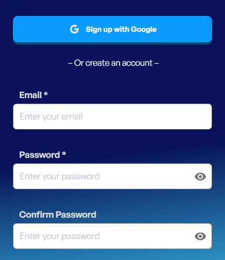 Registratieformulier bij SkyHills Nederland met velden voor e-mail, wachtwoord en wachtwoordbevestiging
