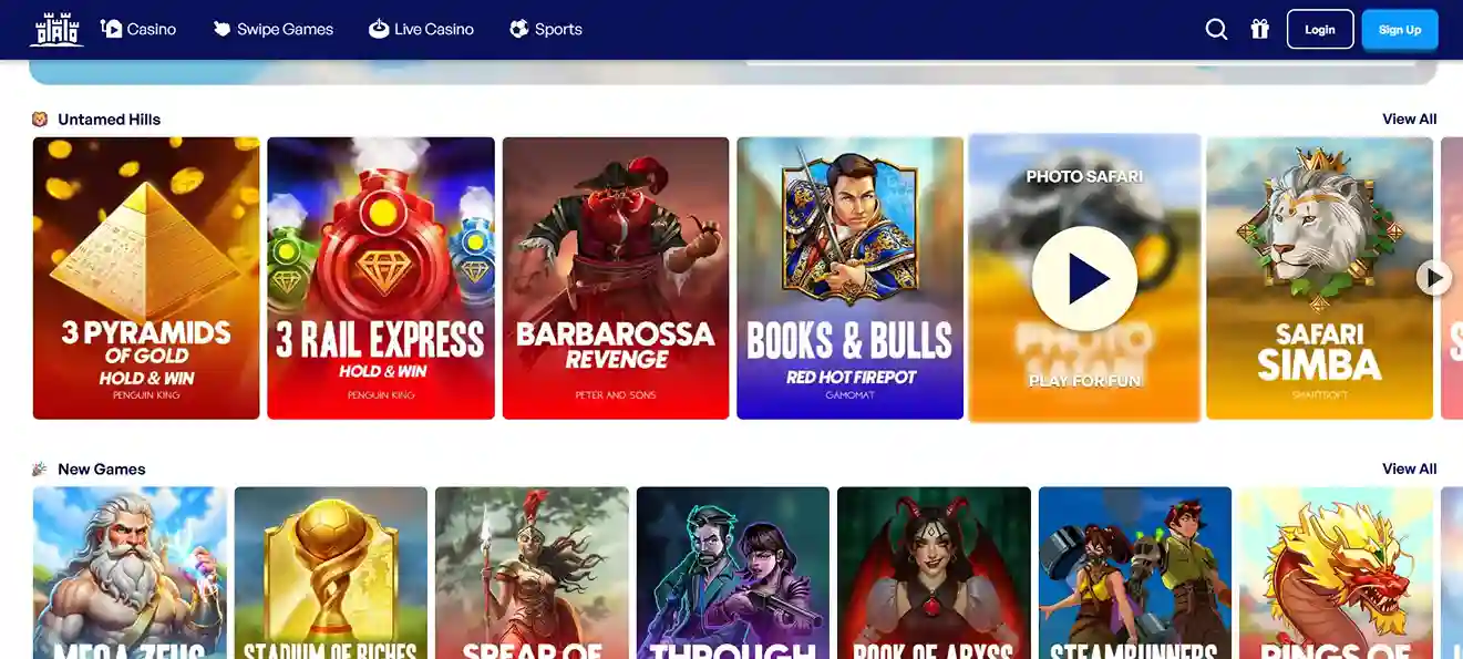 Overzichtspagina van SkyHills Nederland met videoslots zoals 3 Pyramids of Gold, Barbarossa Revenge en Safari Simba